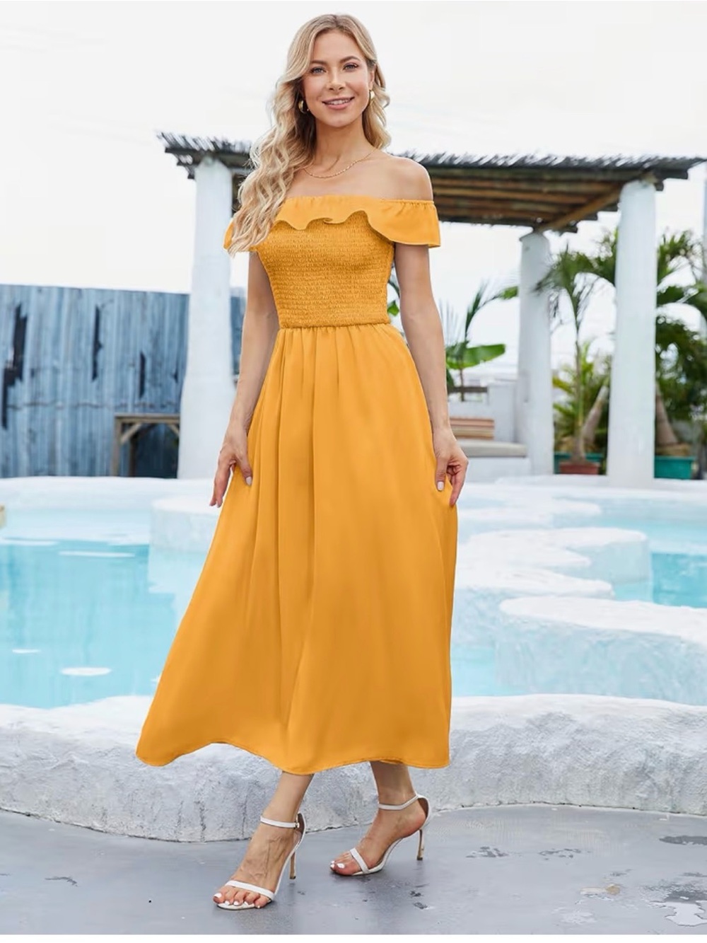 Off-Shoulder Smocked Maxi Dress in Mustard Yellow